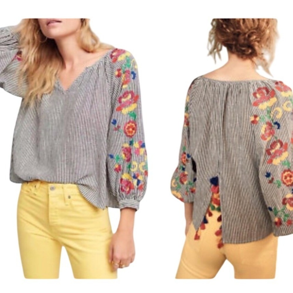 Floreat Anthropologie Striped Floral Embroidered Tassel Back Blouse Blue White